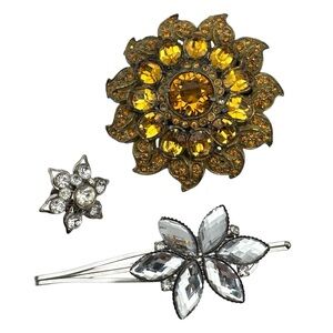 Vintage Rhinestone Brooch Jewelry Accessory Bundle Lot 3pc Brooches / Barrette